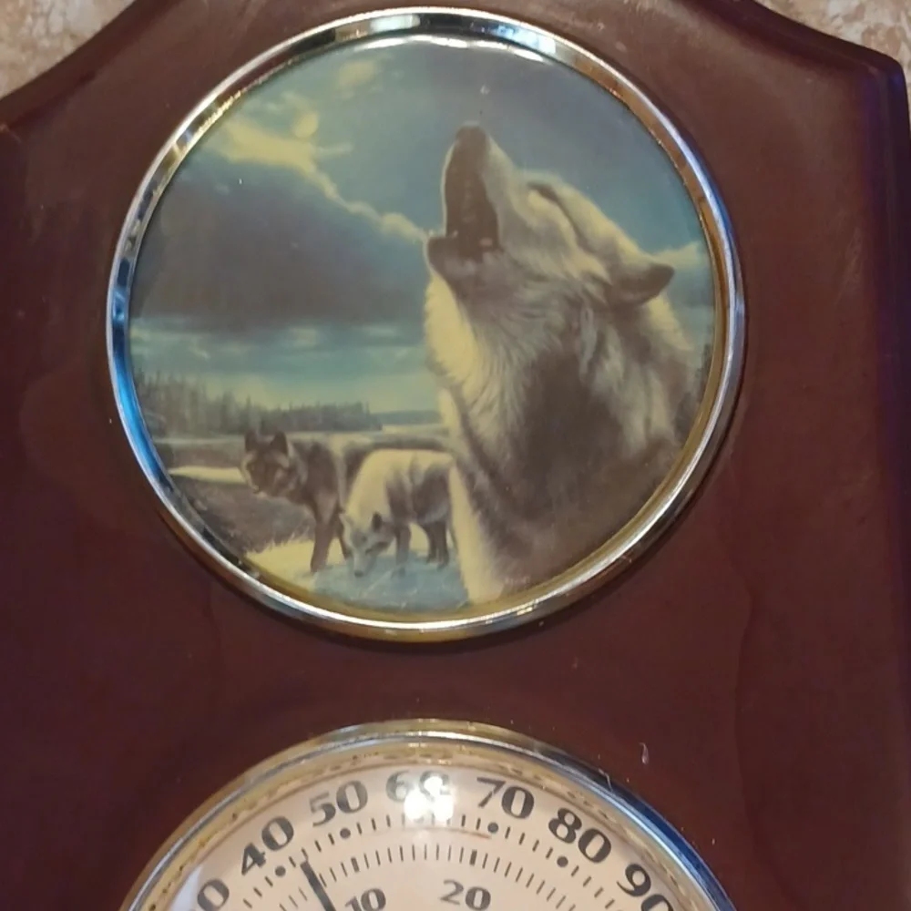 Brown Wall Thermometer with Wolf Design Humid, Weather Station